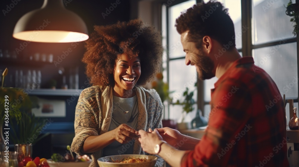 Black man and chinese woman cooking breakfast together.