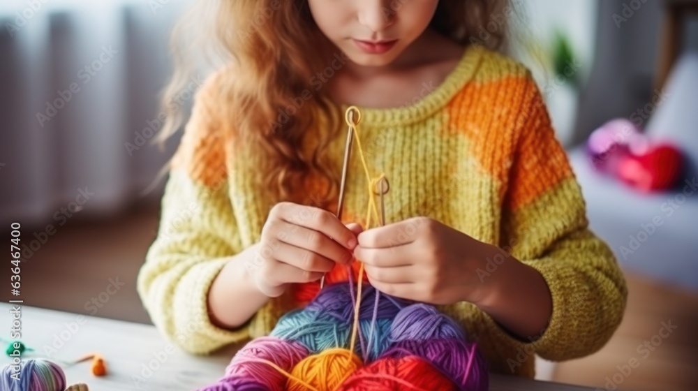 A beautiful girl of 10 years old is learning to knit.