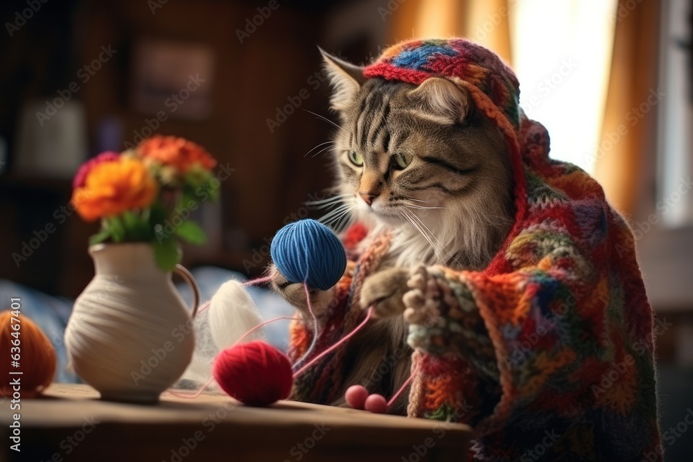 Cat plays with knitting balls