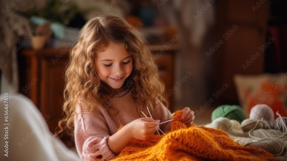 A beautiful girl of 10 years old is learning to knit.