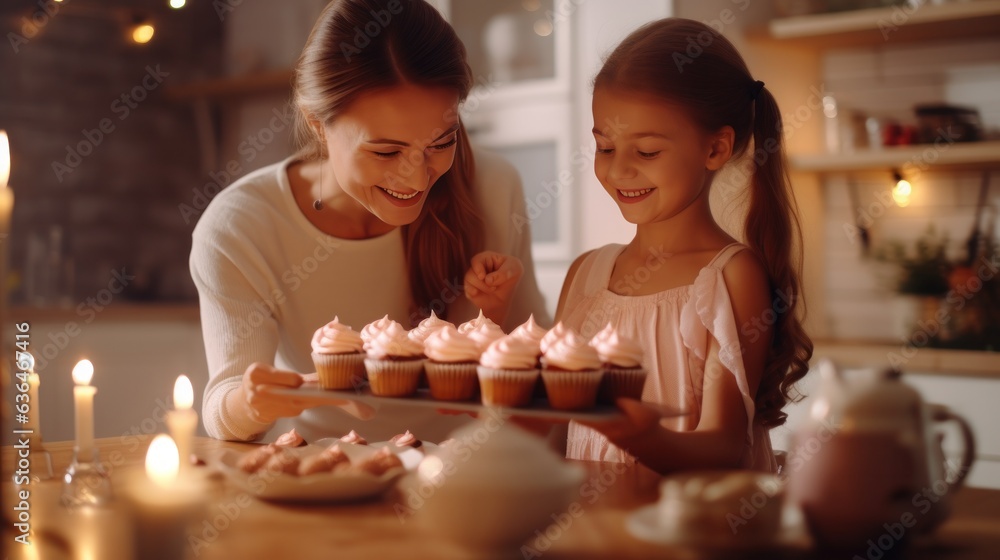 A beautiful girl of 10 years old bakes cupcakes with her mother in a kitchen.