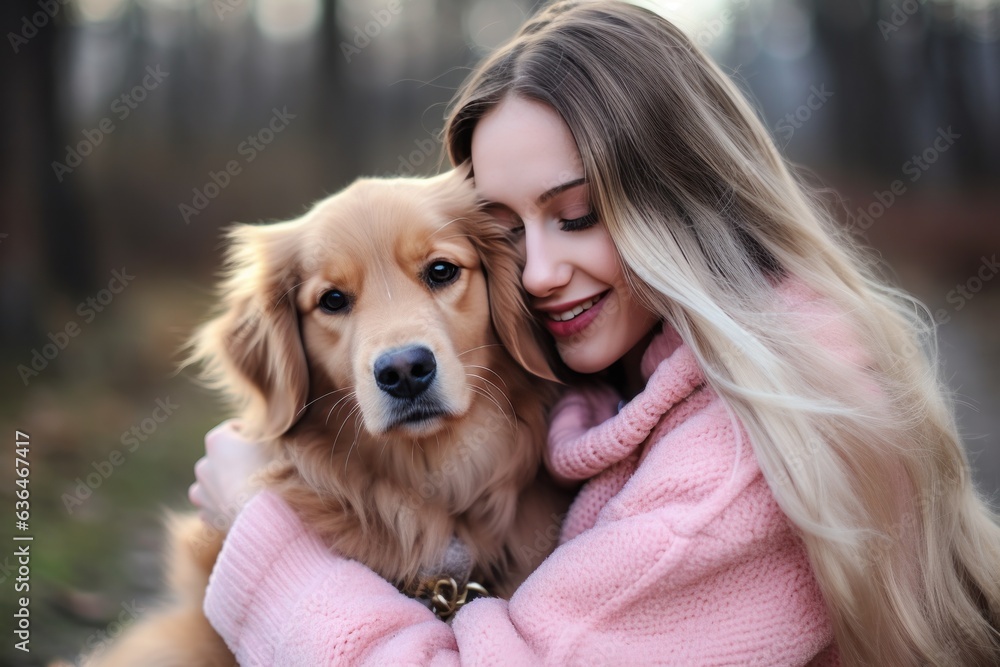 A dog sits in the arms of a girl in a soft pink sweater.