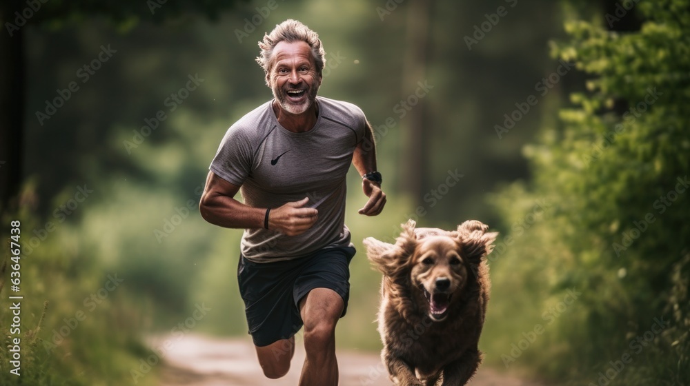 A man jogging with his dog