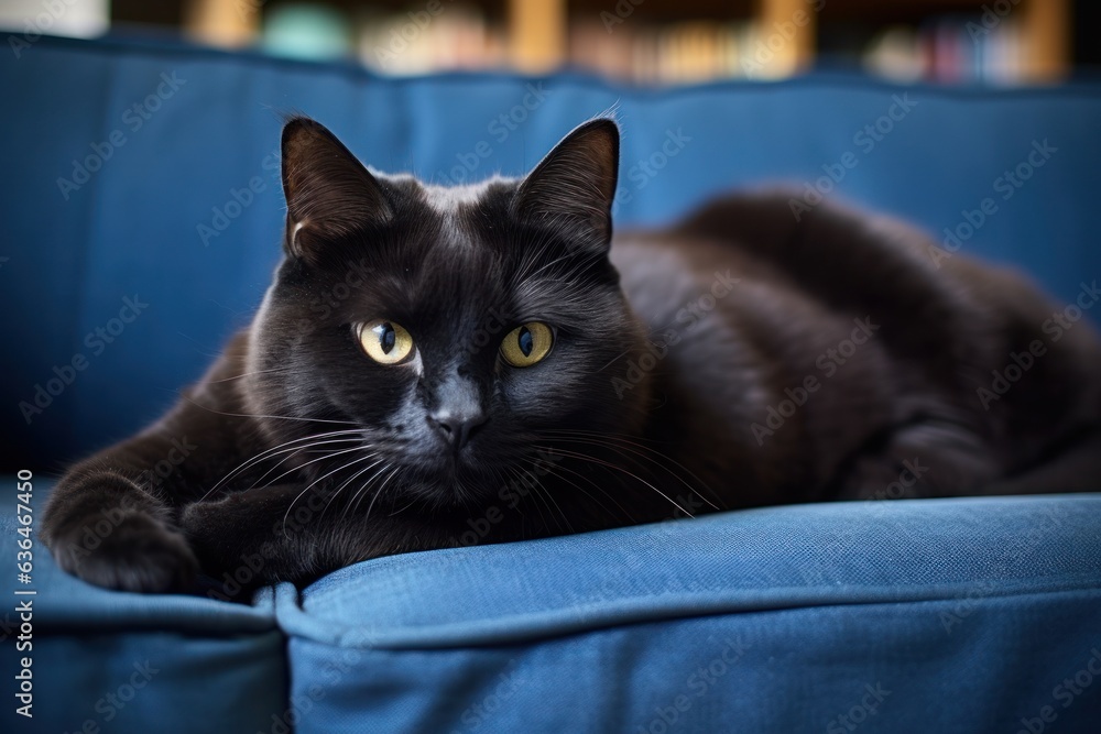 A fat cat lies on a blue sofa.