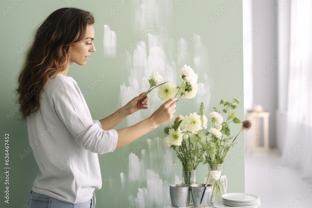 Beautiful woman and vase of flowers in a room with light green wallpaper.