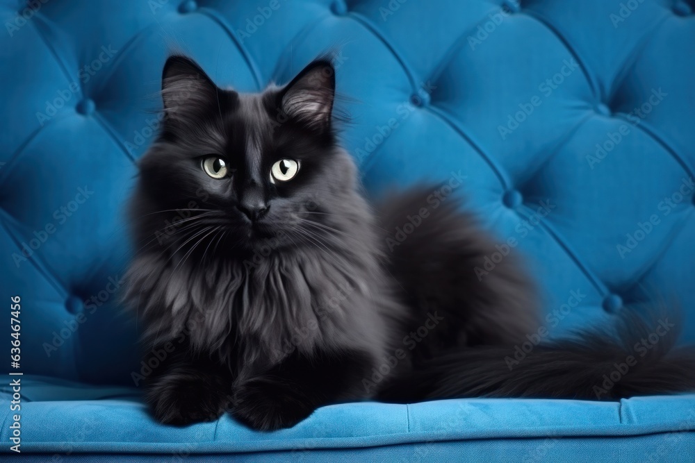 A fat cat lies on a blue sofa.