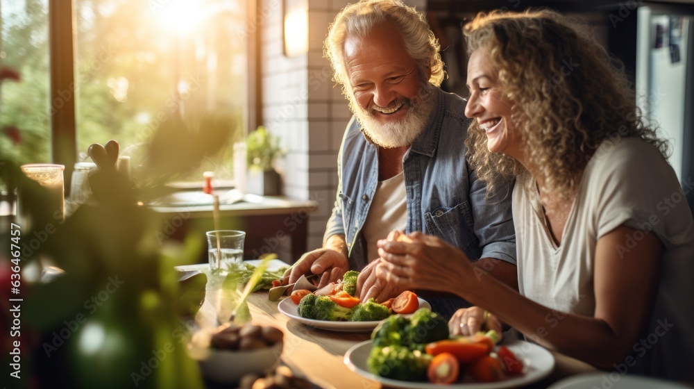 Old couple cooking breakfast together