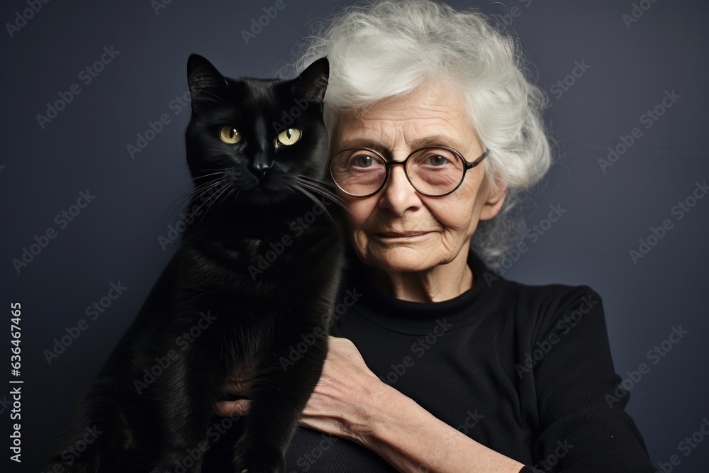 Grandma hugging her black cat