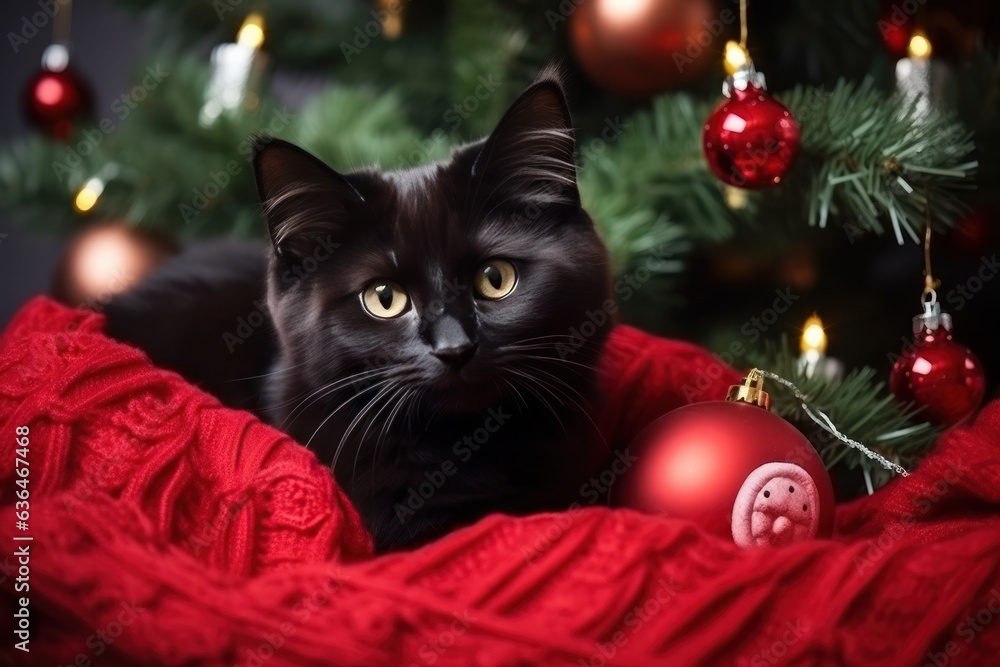 Cat in red sweater under the Christmas tree