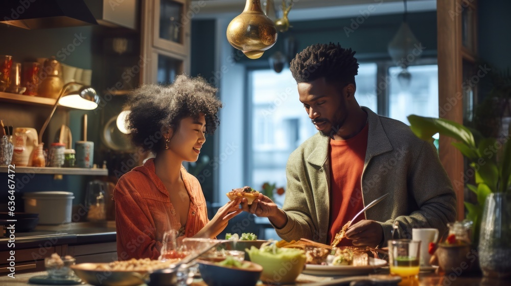 Black man and chinese woman cooking breakfast together.