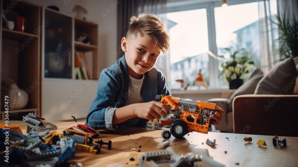 Dad with a boy of 10 years old plays a constructor