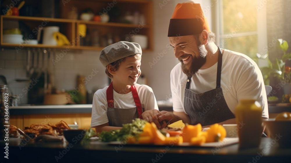 Dad with a son of 10 years cooking breakfast together