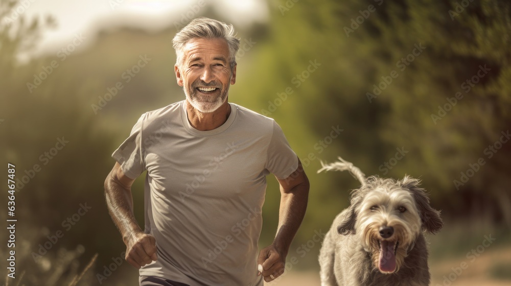 A man jogging with his dog