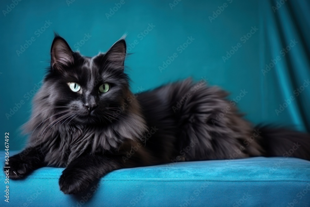 A fat cat lies on a blue sofa.