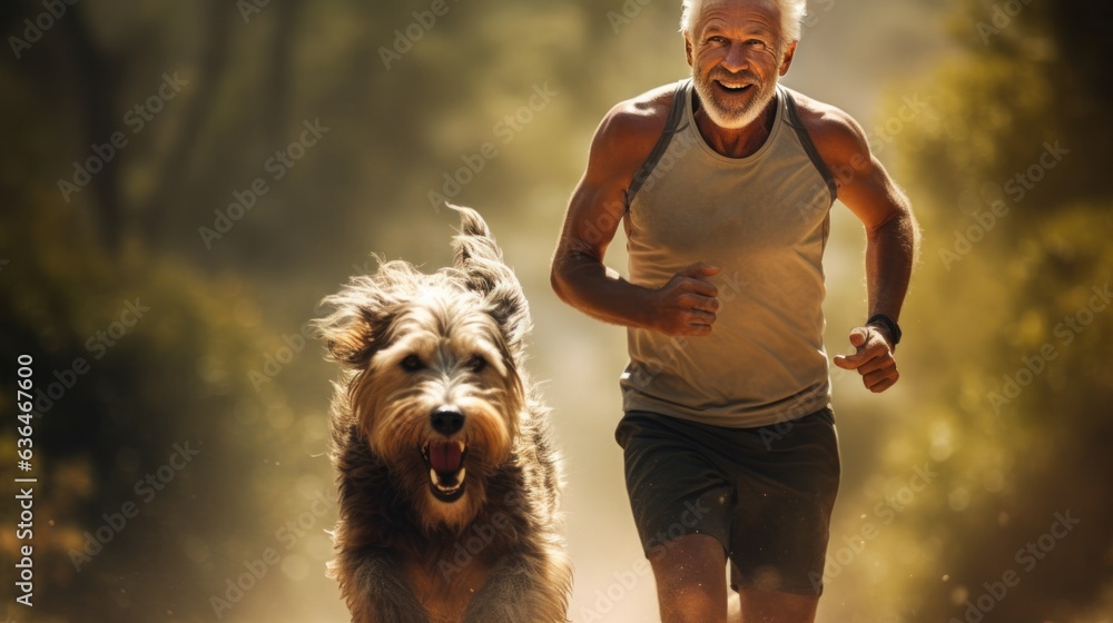 A man jogging with his dog