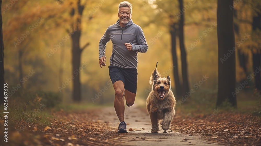 A man jogging with his dog