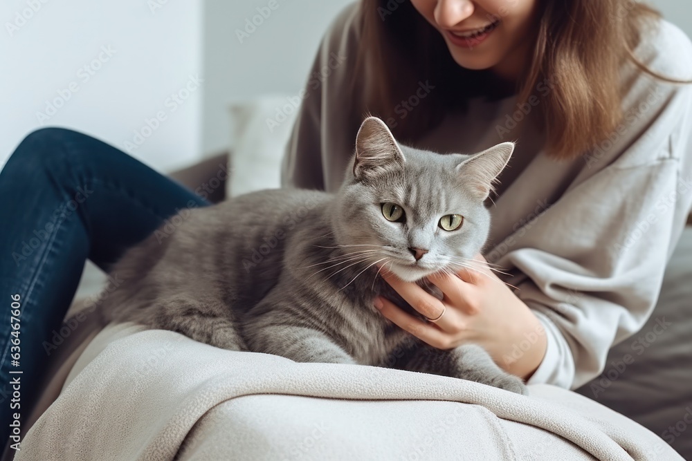 A woman in a gray T-shirt and jeans strokes a cat in a gray lounger