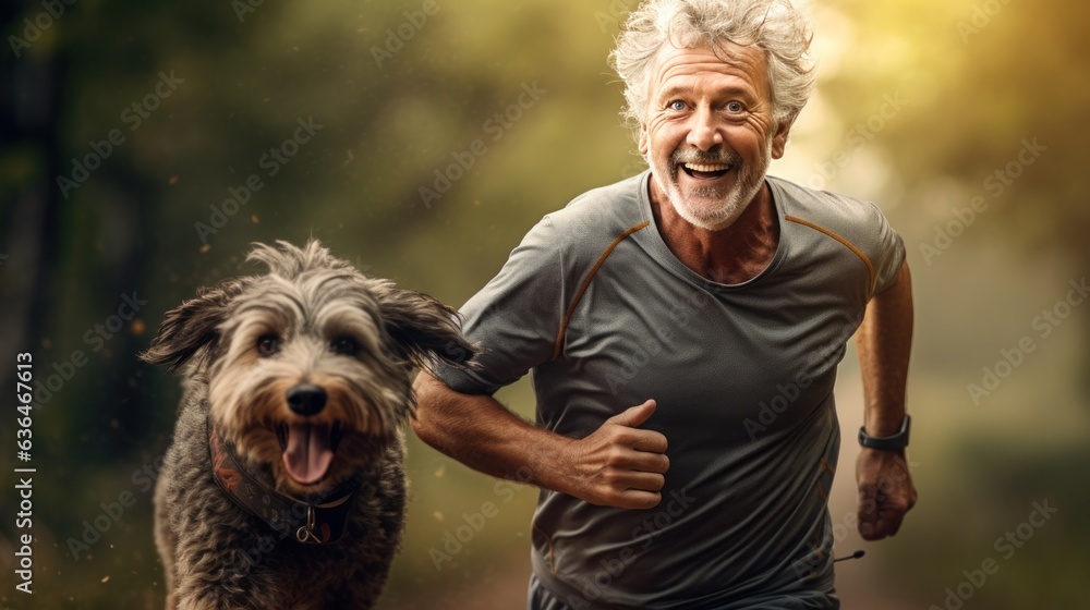 A man jogging with his dog