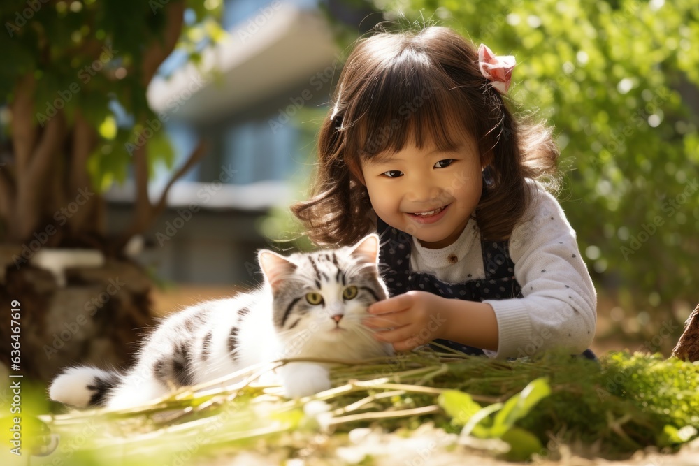 Girl playing with a cat with a ribbon in the garden