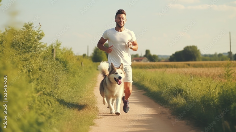 A man jogging with his dog