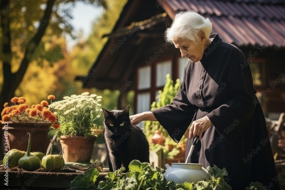 Old woman with cat in garden