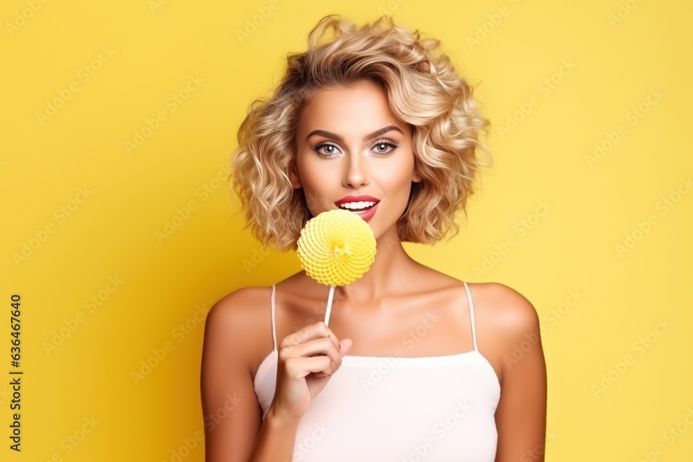 Beautiful Woman Eating Big Pink Lollipop isolated.