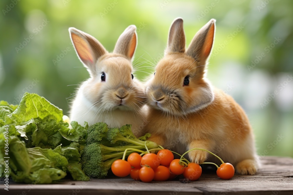 Two rabbits nibble on two carrots in the garden.