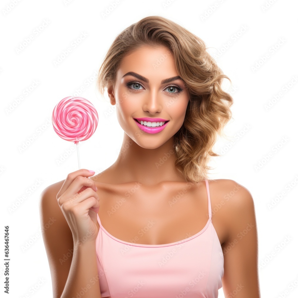 Beautiful Woman Eating Big Pink Lollipop isolated.