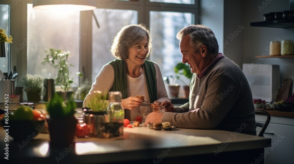 Old couple cooking breakfast together