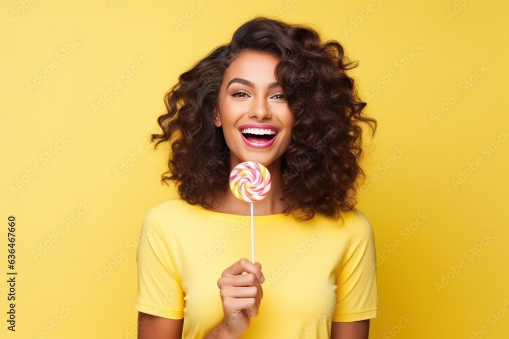 Beautiful Woman Eating Big Pink Lollipop isolated.