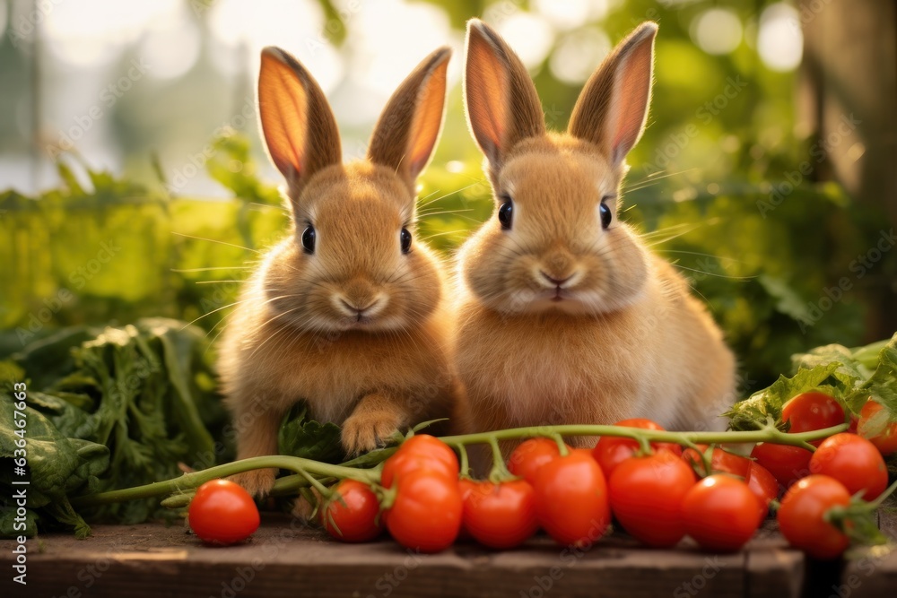 Two rabbits nibble on two carrots in the garden.