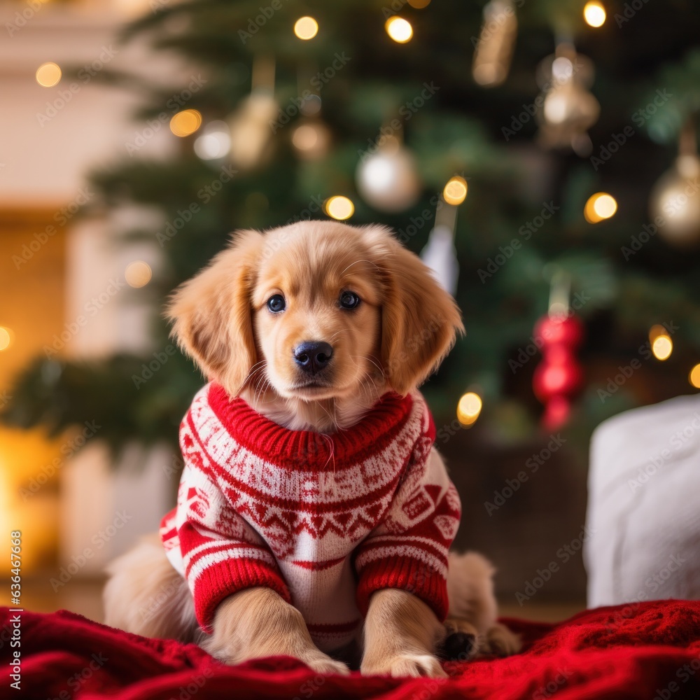 A dog in a red sweater sits under the Christmas tree