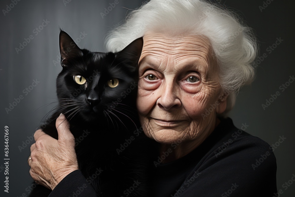 Grandma hugging her black cat