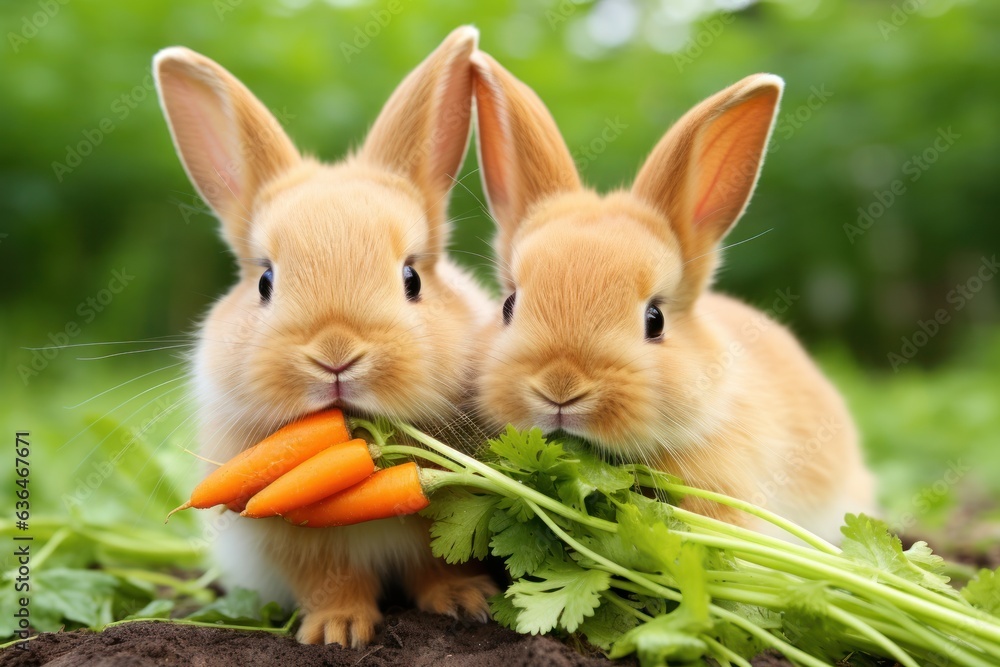 Two rabbits nibble on two carrots in the garden.