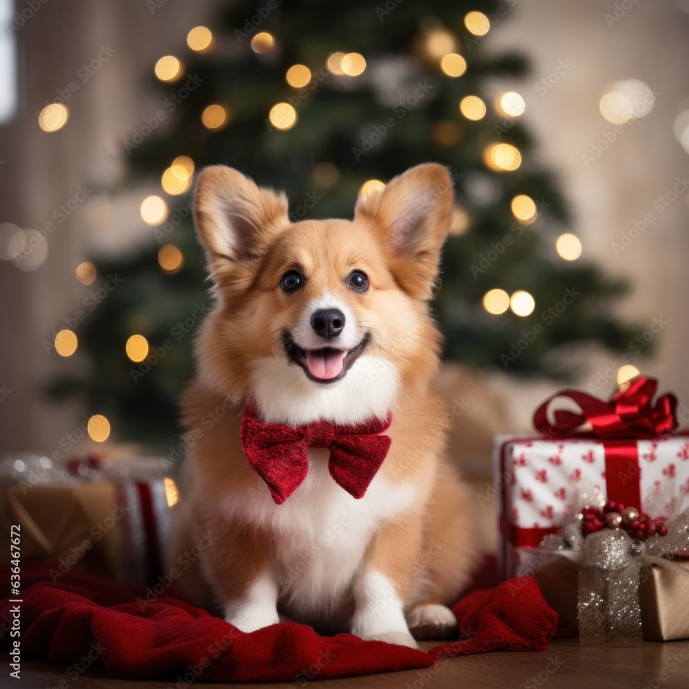 A dog in a red sweater sits under the Christmas tree