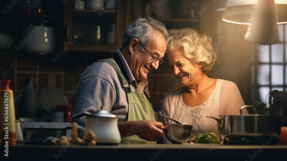 Old couple cooking breakfast together