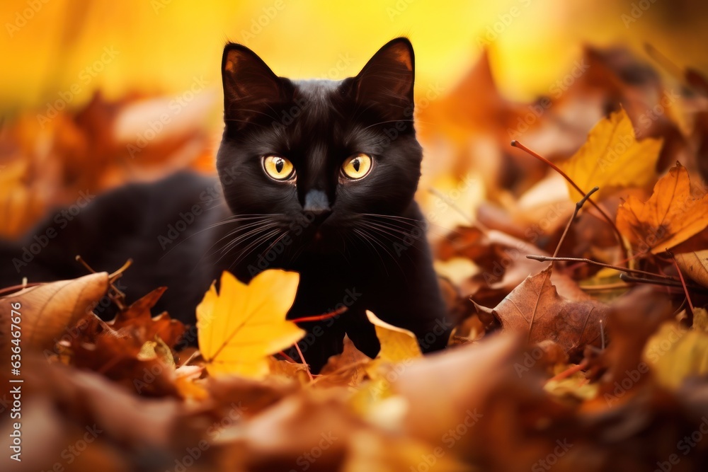 Black cat in autumn leaves