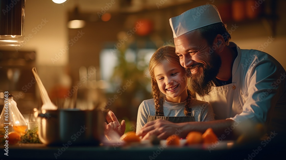 Dad with a girl of 10 years cooking breakfast together