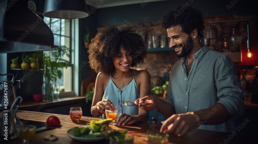 Black man and chinese woman cooking breakfast together.