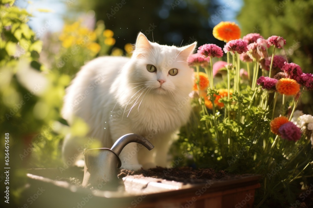 White cat in flower garden