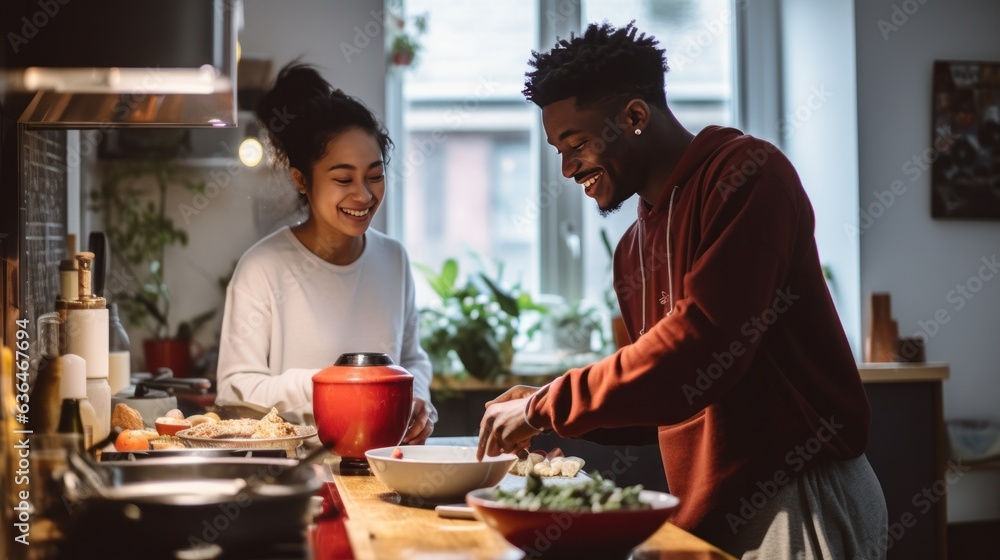 Black man and chinese woman cooking breakfast together.