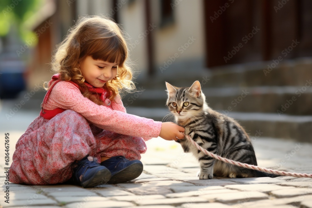 A girl holds a rope with a bow and a cat plays with her on the street