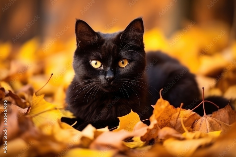 Black cat in autumn leaves