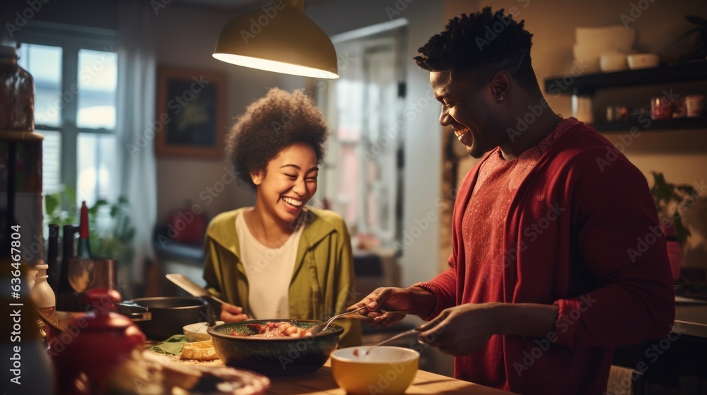 Black man and chinese woman cooking breakfast together.