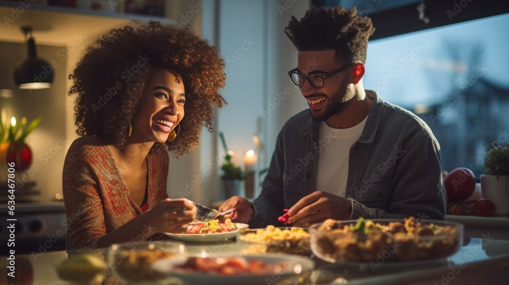 Black man and chinese woman cooking breakfast together.