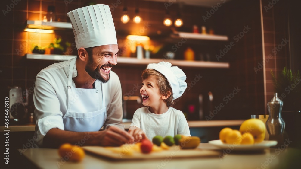 Dad with a son of 10 years cooking breakfast together