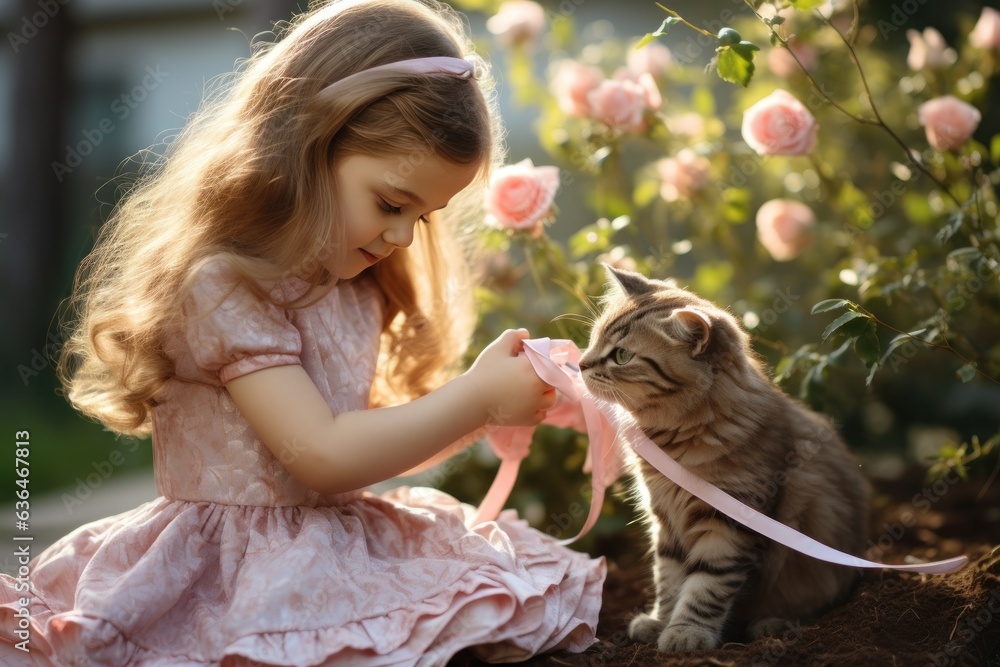 Girl playing with a cat with a ribbon in the garden