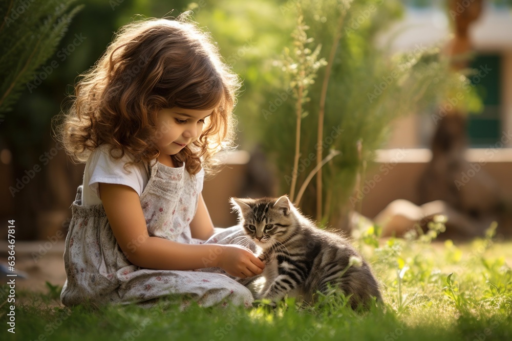 Girl playing with a cat with a ribbon in the garden