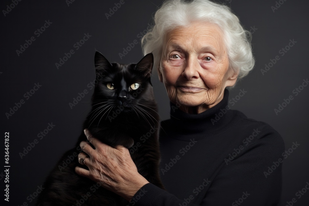 Grandma hugging her black cat