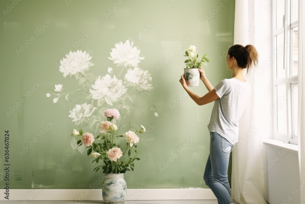 Beautiful woman and vase of flowers in a room with light green wallpaper.